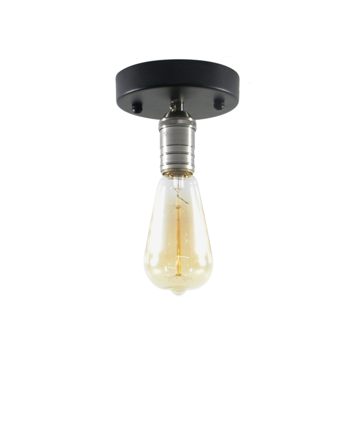 Flush mount light fixture with a black base and an exposed filament bulb.