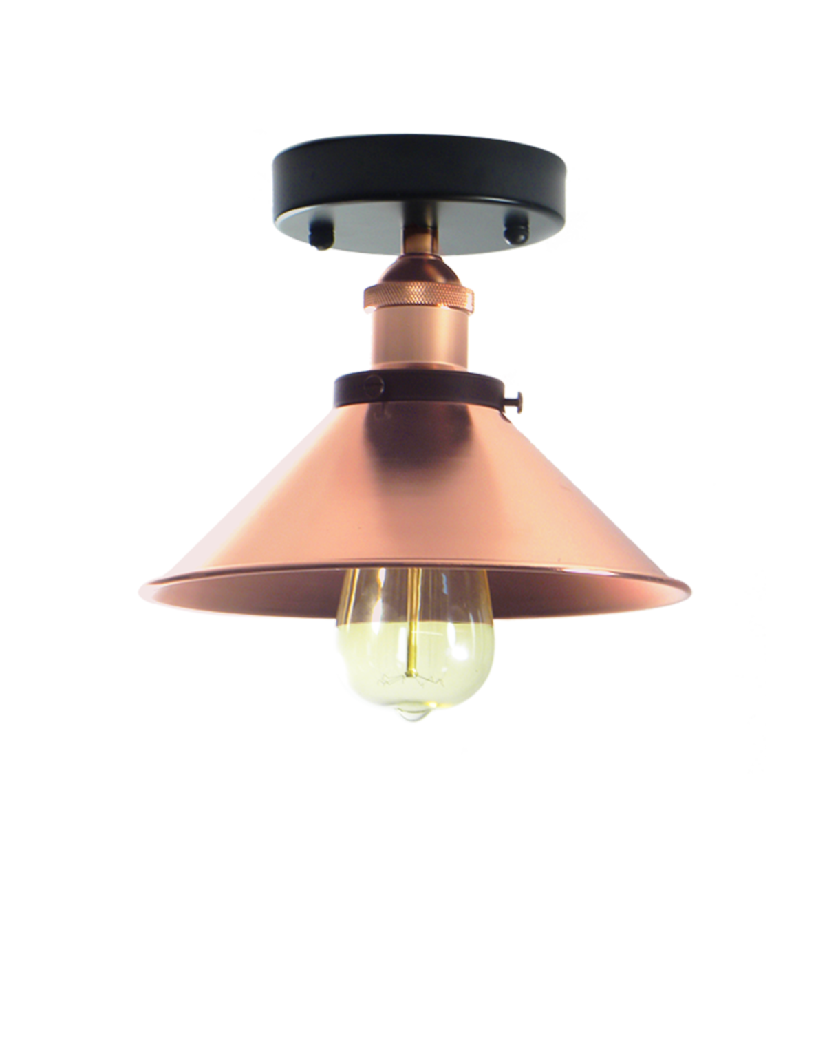 Flush mount light fixture with a black base and a copper metal shade.